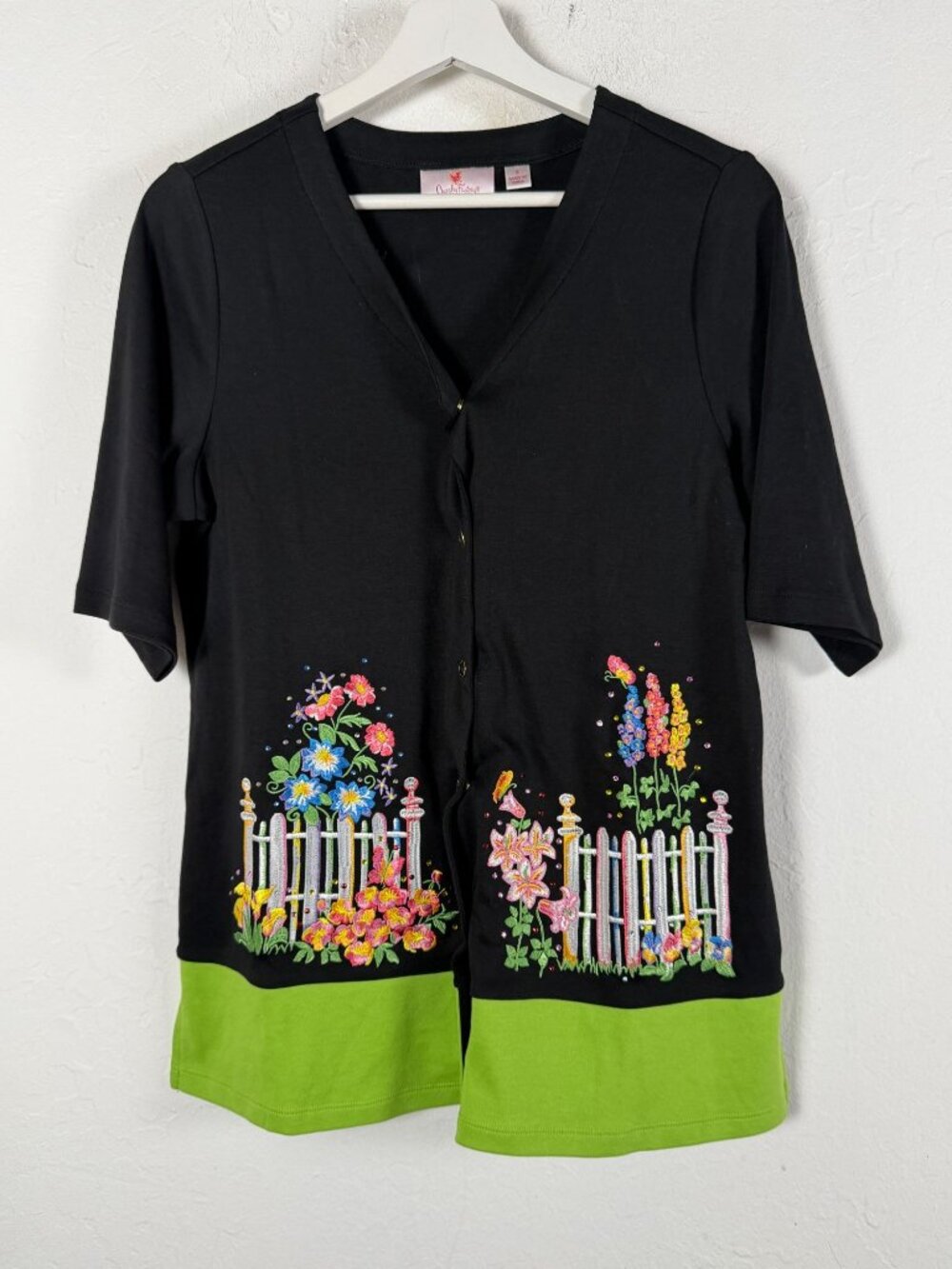 Quacker Factory Embroidered Floral Picket Fence Cardigan Black Knit Top Small
